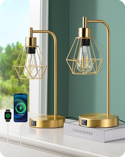 EDISHINE Tischlampe Touch Dimmbar 2er Set, Nachttischlampe mit USB A+C Ladeanschl&uuml;ssen, Metallgitter-Lampenschirm, E27 Industrial Schreibtischlampe f&uuml;r Wohnzimmer, B&uuml;ro, inkl. LED-Birne, 40cm, Gold