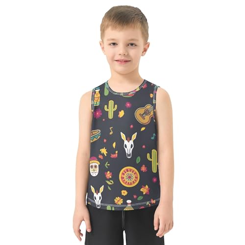 Cinco De Mayo Mexico Cartoon Skull Tank Top for Boys Sleeveless Kids Vest Boys Basketball Shirt for Running Golf 3T2