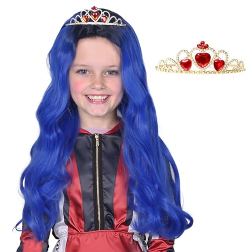 ColorGround Kids Long Wavy Cosplay Wig with Crown for Halloween Costumes and Party (Dark Root Blue)