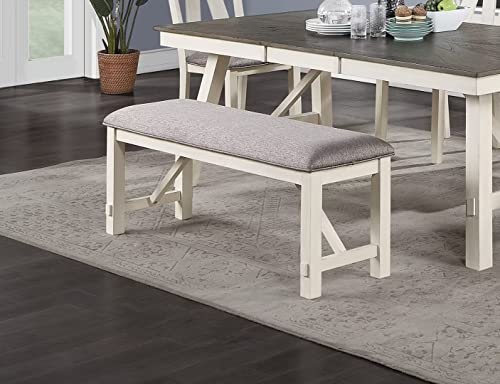Jins&Vico Solid Wood Long Dining Bench With Fabric Cushion Seat, Dining Room Furniture, Antique White #TOP22