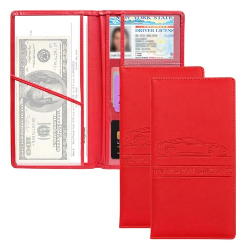Xiqaler 2 PCS Car Registration and Insurance Holder, Leather Auto Glove Box Compartment Organizer with Magnetic Shut, Waterproof Driver License & Essential Document Holder for Most Cars (Red)