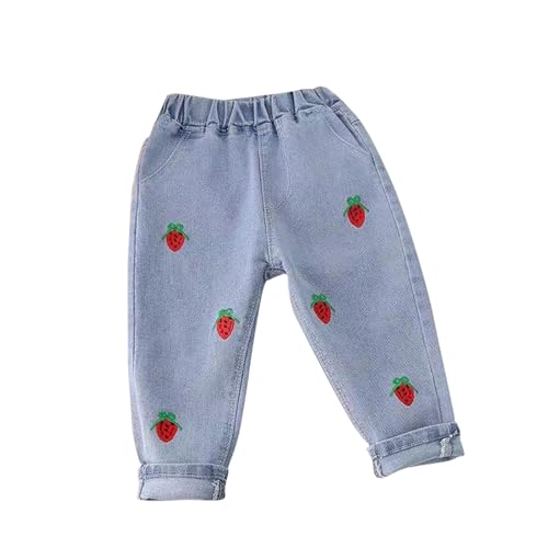 Kids Girls Baggy Jeans Elastic Waist Heart Print Wash Denim Pants 𝗥aw 𝗛em Straight Leg Trousers with Pocket