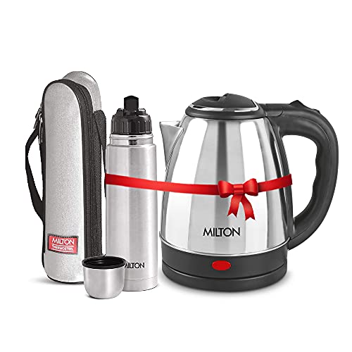 Image of Milton Euroline Combo Set Go Electro Stainless Steel Electric Kettle, 1.8 Litres, Silver and Flip Lid Thermosteel Hot or Cold Stainless Steel Water Bottle with Jacket, 750 ml, Silver