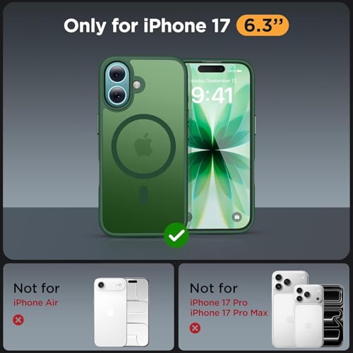 Image of Miracase Magnetic for iPhone 17 Case (Compatible with MagSafe) with Screen Protector Military-Grade Protection, Anti-Fingerprint Translucent Matte Phone Cover for iPhone 17 6.3 inch, Dark Green