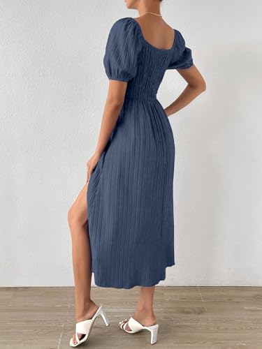Image of Shasmi Women's & Girl's Tie Front Split Thigh Milkmaid Maxi Dress - Square Neck Puff Sleeve A-Line Long Dress, Elegant Casual & Parties Wear for Ledies (Dress 245)