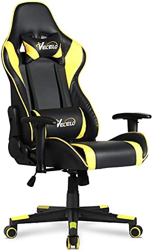 VECELO Video Gaming Chair with Seat Peak Adjustable Swivel Recliner Ergonomic Headrest,Lumbar Pillow Esports, Yellow
