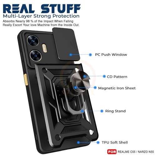 Image of Armor Bumper Back Cover Case for Realme C55 / Narzo N55 Rotating Camera Cover, Ring Holder & Kickstand | Heavy Duty & 360 Degree Protection Realme C55 / Narzo N55 Back Cover (Black)