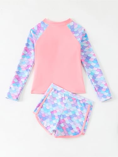 2 Pcs Rash Guard Sets for Girls Mermaid Scales Printed Swim Shirts with Shorts Bathing Suits3