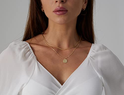 Jecomy Dainty Gold Layered Necklaces For Women 14K Gold Plated Herringbone Choker Necklace Coin Necklace Stacked Necklaces Delicate Layering Snake Chain Necklace For Girls #TOP2