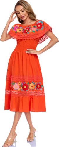 Image of Women Embroidered Mexican Dress Peasant Floral Sexy Off-Shoulder Long Dress