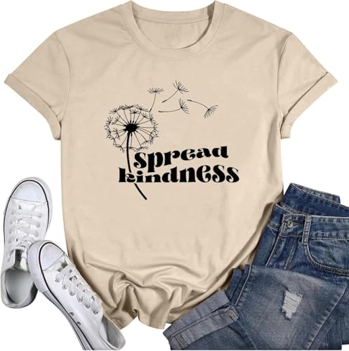 Dandelion Graphic Tees for Women Positive Message Tshirts Spread Kindness Letter Print Vintage Short Sleeve Summer Casual Tops-XL (Apricot)