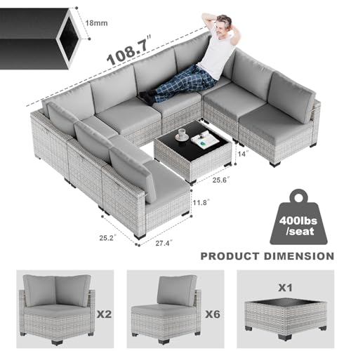 Image of Outdoor PE Wicker Rattan Modular Patio Sectional Sofa Set | 9-Piece: 6 Modular Seats, Coffee Table & 2 Ottomans, Grey