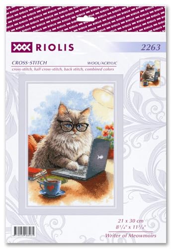 Image of RIOLIS - Writer of Meowmoirs 2263, Cats Cross Stitch Kits 8 inchx11, Cross Stitch Kits for Beginners & Advanced, Crossstitching Kits Adult, Counted Stitching Kits, Cats Embroidery Kit