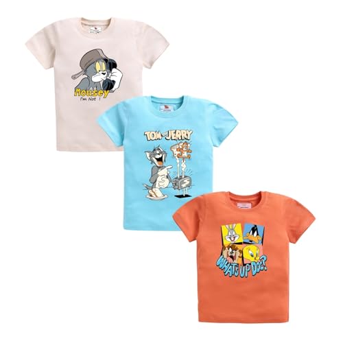 Image of Amazon Brand - Jam & Honey Boys Half Sleeve Graphic Printed T-Shirt | Round Neck | Regular Fit | Cartoon Characters (Available from 4-8 Years) (Pack of 3)