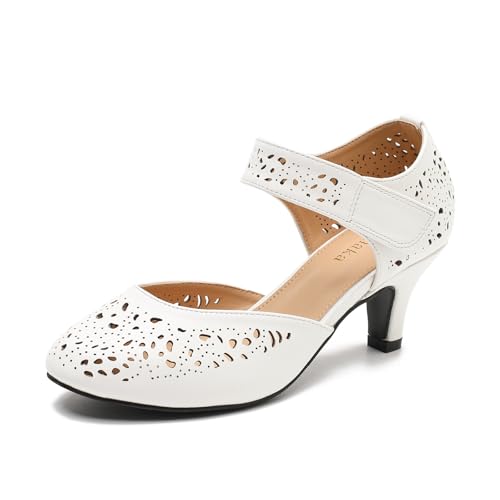 Image of Women's Comfortable Mary Jane Pumps Vintage Cutout Closed Toe Kitten Heels for Dressy Office Work