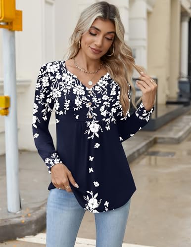 Image of Zeagoo Womens Long Sleeve Tops Fall V Neck Shirt Casual Pleated Tunic Top