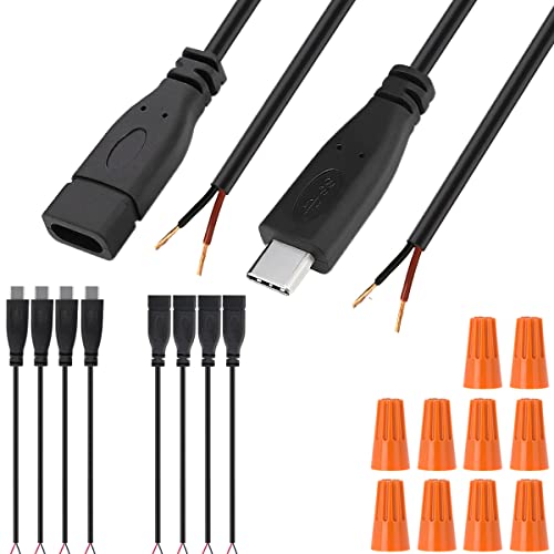 Xiatiaosann USB C Connector DIY Solderable 2 Wire Power Supply Extension Cable Charger Connector Plug 2 Pin Line for PCB USB to DIP Adapter for Arduino, LED Strips, 4 PCS Male + 4 PCS Female