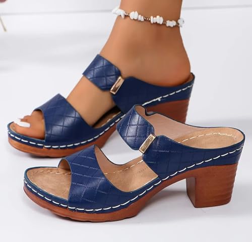 Women's Chunky Block Heel Sandals - Open Toe Slip-On Ankle Strap Slides with Adjustable Buckle, for Casual & Evening Wear.2