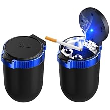 Ohleats 2 PCS Car Ashtray with Lid, Detachable Stainless Steel Ash Tray with LED Blue Light, Portable Mini Vehicle Cup Holder Trash Can Smell Proof Ashtray Cup, Universal Car Accessories Blue
