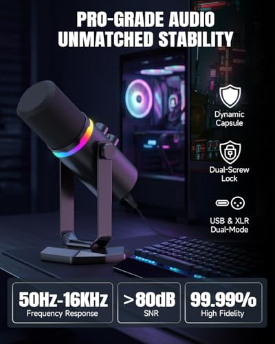 Image of AOC USB /XLR Dynamic Microphone for PC Gaming & Podcasting, Dual-Mode Studio Streaming Mic with RGB Light, Quick Mute, Volume /Gain Control Knob, Heavy-Duty Desk Stand, Type-C & XLR Cables Included
