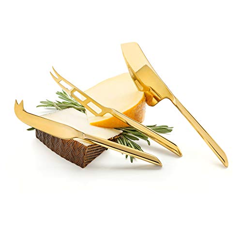 Viski Gold Cheese Knives, Set of 3 Cheese Knives, Stainless Steel with Gold Finish, Cheese Tools, Gold, Set of 3 - Thumbnail 3