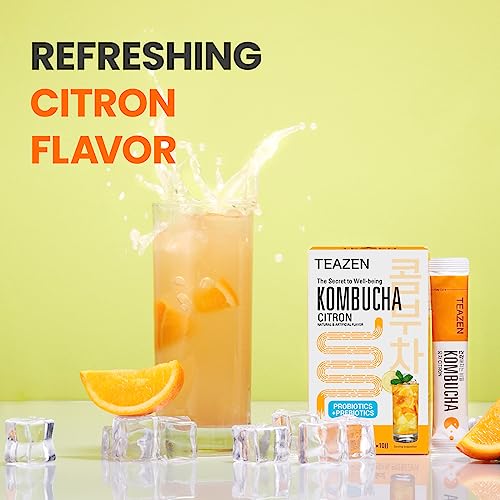 Teazen Kombucha Tea, Zero Sugar, Sparkling Fermented Powdered Mix Beverage From Korea, Live Probiotics & Prebiotics, 10 Sticks, 1.76Oz (Citron) #TOP1