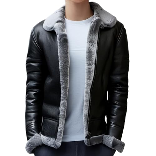 Men's Classic Vintage Motorcycle Sherpa Leather Jacket Winter Warm Thicken Overcoat Fur Collar Fuzzy Leather Coat