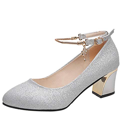 TEEL ONG - Sandalias Mary Jane para mujer, con hebilla de tobillo ajustable, con colores sólidos para mujer, tacón alto, medio para uso diario de negocios, oficina, color Plateado, talla 38 EU