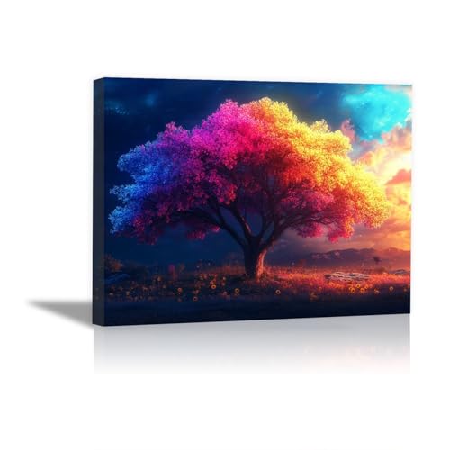 Tableau moderne toile arbre arc-en-ciel violet 70x100cm pour déco salon
