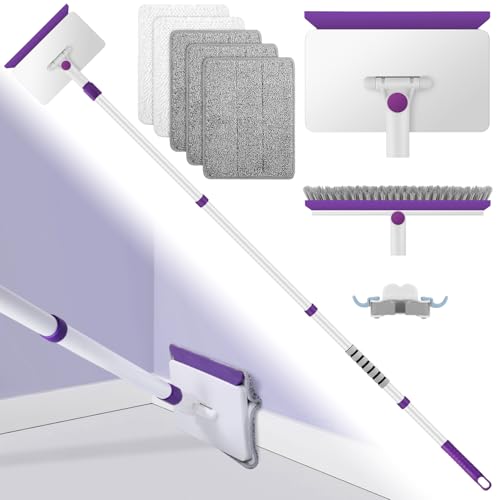 Nettoyeur de murs et plinthes, outil de nettoyage de plinthe avec manche de 144,8 cm de long, balai de nettoyage mural avec 5 tampons de nettoyage...