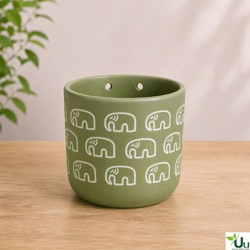 Image of Urban Upvan Elephant Printed Green Terracotta Wall Planter - Premium Decorative Planter for Indoor & Outdoor Plants, Modern Elegant Flower Pot for Home, Garden & Office