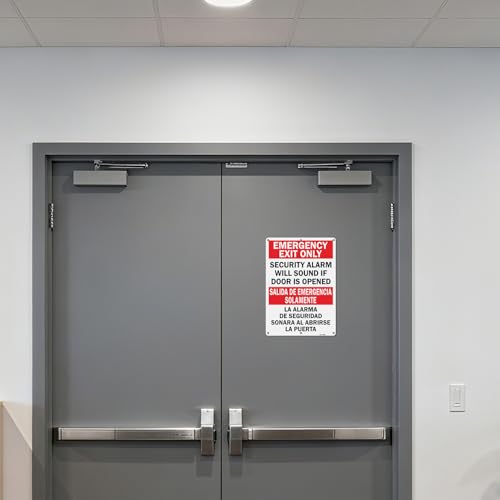 Image of T&R Large Emergency Exit Only Bilingual Sign Security Alarm Will Sound If Door Is Opened - 2 Pack - 14 x 10 Inches Rust Free .040 Aluminum Reflective - UV Protected, Waterproof, Weatherproof and Fade Resistant - 6 Pre-drilled Holes