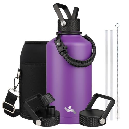 Image of Konokyo Insulated Water Bottle with Straw,87 oz 3 Lids Water Jug with Carrying Bag,Paracord Handle,Double Wall Vacuum Stainless Steel Metal Flask,Purple