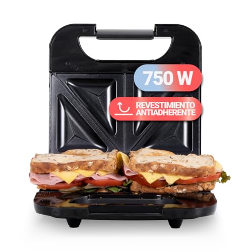 UNIVERSALBLUE Sandwichera Grill Doble 750W Potencia | Placas Antiadherentes, Temperatura Regulable 140-210ºC | Acero Inoxidable, Luz Indicadora, Recogecables | Para 2 Sándwiches, Garantía 3 Años