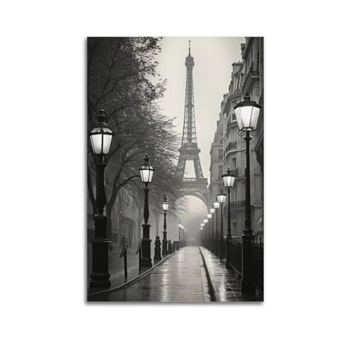 Impression sur toile représentant la Tour Eiffel de Paris en ville et noir et blanc - Décoration murale moderne pour chambre à coucher - 40 x 60 cm