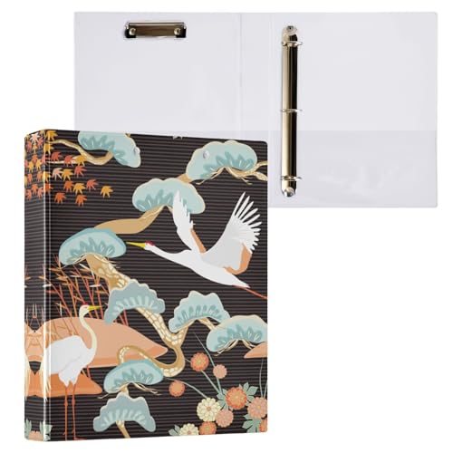 リングファイル ルーズリーフ バインダー a4 ツル 鶴 和風 和柄 黒 日本 Dリング 3穴 200枚収納 クリップ&収納ポケット付き 書類整理 事務用品