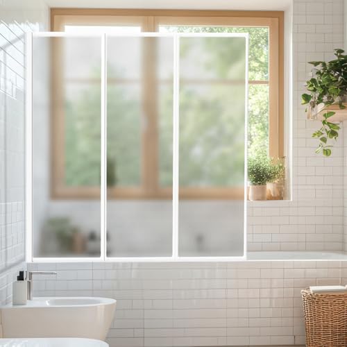 Daromigo 120×140 cm Duschwand für Badewanne, 3-teilig Faltbar aus Bruchsicherem PS-Kunststoff, Badewannenaufsatz mit Weißem Aluminiumrahmen, Duschwand Spritzschutz mit Mattstruktur Wählbar