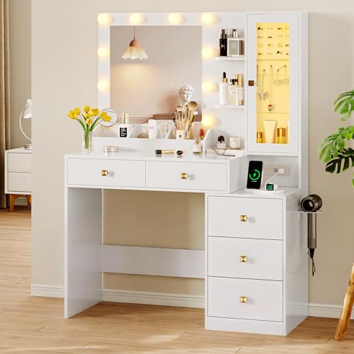 Image of Xixini Vanity Desk with Mirror and Lights, Makeup Vanity Table Set with 5 Storage Drawers, Power Outlet, Small Dressing Table with RGB Ambient Light, Adjustable Brightness for Girls Bedroom, White