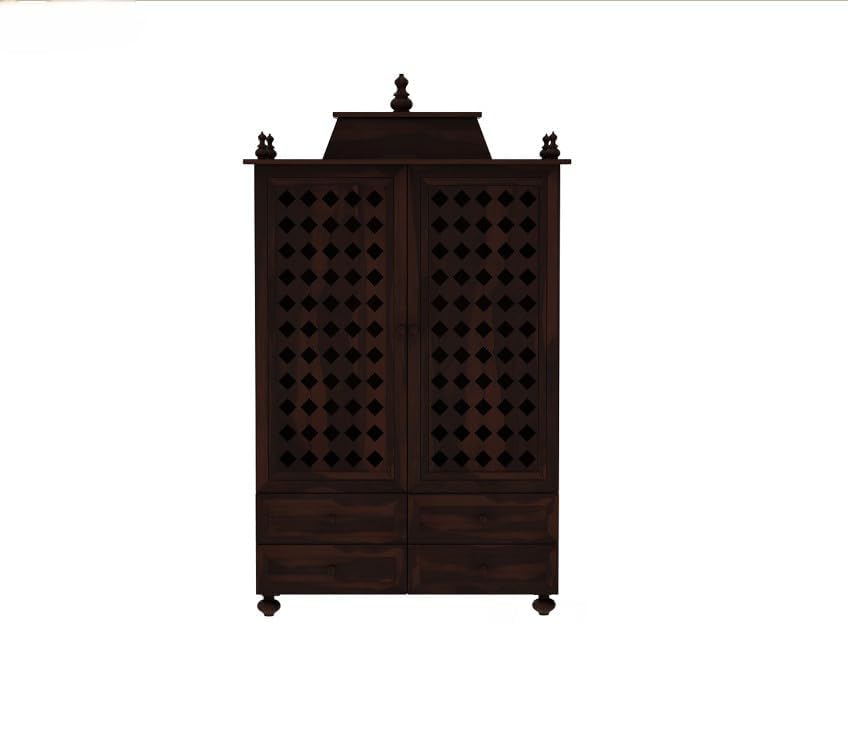Image of Solid Sheesham Wood Temple for Home & Office /Mandir /God Stand /Pooja Stand /Home Mandap /Mandapam with Cabinet Doors & Multiple Storage /Shelf with Drawers (Walnut2, 32x15x57 inch)