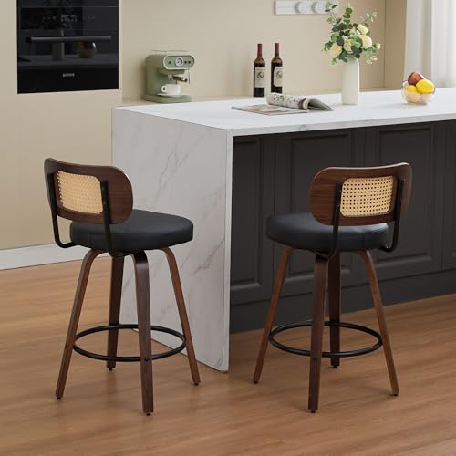 Image of YaFiti Swivel Bar Stools Set of 4, 26 inch Rattan Counter Height Bar Stools, Swivel Counter Stools with Cane Back & Upholstered Seat for Island /Kitchen /Counter /Bar (Dark Black)