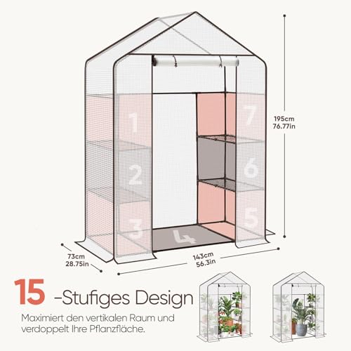 Sekey Gewächshaus 200x145x75 cm, Foliengewächshaus Stabil, Gewächshaus Balkon mit 4 Regalböden für optimales Pflanzenwachstum, Weiß, XL – Bild 4