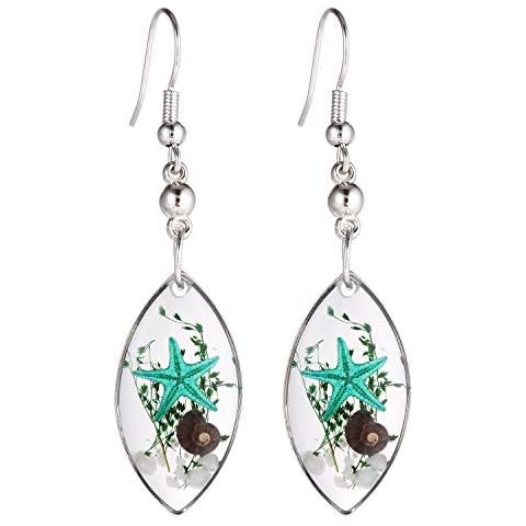 FM FM42 Silver-tone Turquoise Starfish Seashell Pressed Flower Small Marquise Drop Dangle Hook Earrings FE2065 Cover