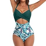 Damen-Badeanzug, Sommer, rückenfrei, sexy, bedruckt, Badeanzug, Beachwear, Bikini-Set, asymmetrisch, mit Rüschenärmeln, zweiteilig, Push-Up, zweiteilig, Tie-Dye Chic, hohe Taille, Bikini-Set, V-Ausschnitt, elegant, Bauch, Push-Up, Bauchkontrolle, Vintage, elegant, Tankini zum Schwimmen, Monokini, Beachwear, große Farbe, reine Farbe, Schlankheitseffekt, Sporty Swimsuit, Badeanzug. Eleganter sexy Tankini groß Eleganter Schlankheits-Badeanzug