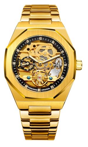 FANMIS Classic Mens Skeleton Automatic Mechanical Watches Luxury Carving Flower Craft Watch with Stainless Steel Waterproof Bracelet Wrist Watch, Black Gold, Automatic Watch