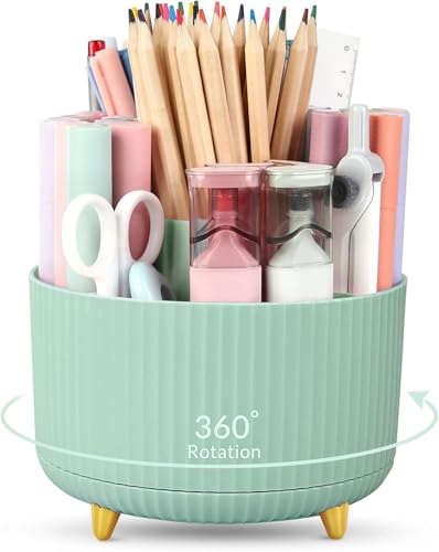 Image of SKYDUE 360 Degree Rotating Desk Organizer, Dual-Purpose Pencil Pen Holder for Desktop, Rotating Desk Pen Organizer with 5 Slots, Pencil Cup for School, Home, Office Supplies (Bean Green)