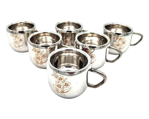 Image of BLeaf Stainless Steel-Tea /Coffee /Milk Cups (Set of 6) 100ml Each (Laser Design)