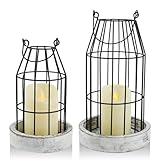VIVIRENOIR Farmhouse Lanterns - Set of 2 Rustic Home Decor with Flameless Candles, Wire Metal Cloche Decorative Candle Holders for Living Room, Fireplace Mantel, Dining Table (White)