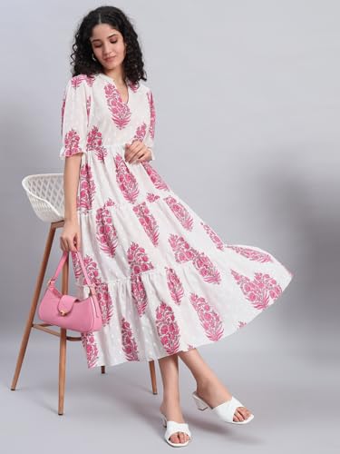 Image of PIDAVLIYA'S Women's Floral Summer Maxi Dress I Cotton Printed I One Piece Bodycon Midi Dress with V-Neck, Puffed Sleeves