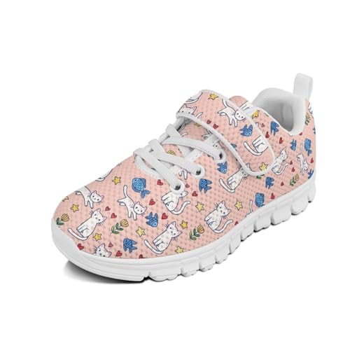 Little Kid Boys Shoes Non Slip Lightweight Breathable Comfortable Sport Athletic Running Tennis Sneakers Cute Cat Fish Flower Pattern（White Sole）