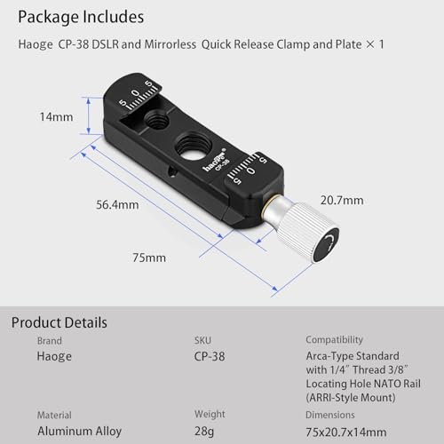 Haoge CP-38 Quick Release Clamp for Arca-Type Standard with 1/4” Thread 3/8” Locating Hole NATO Rail (ARRI-Style Mount) - Image 4
